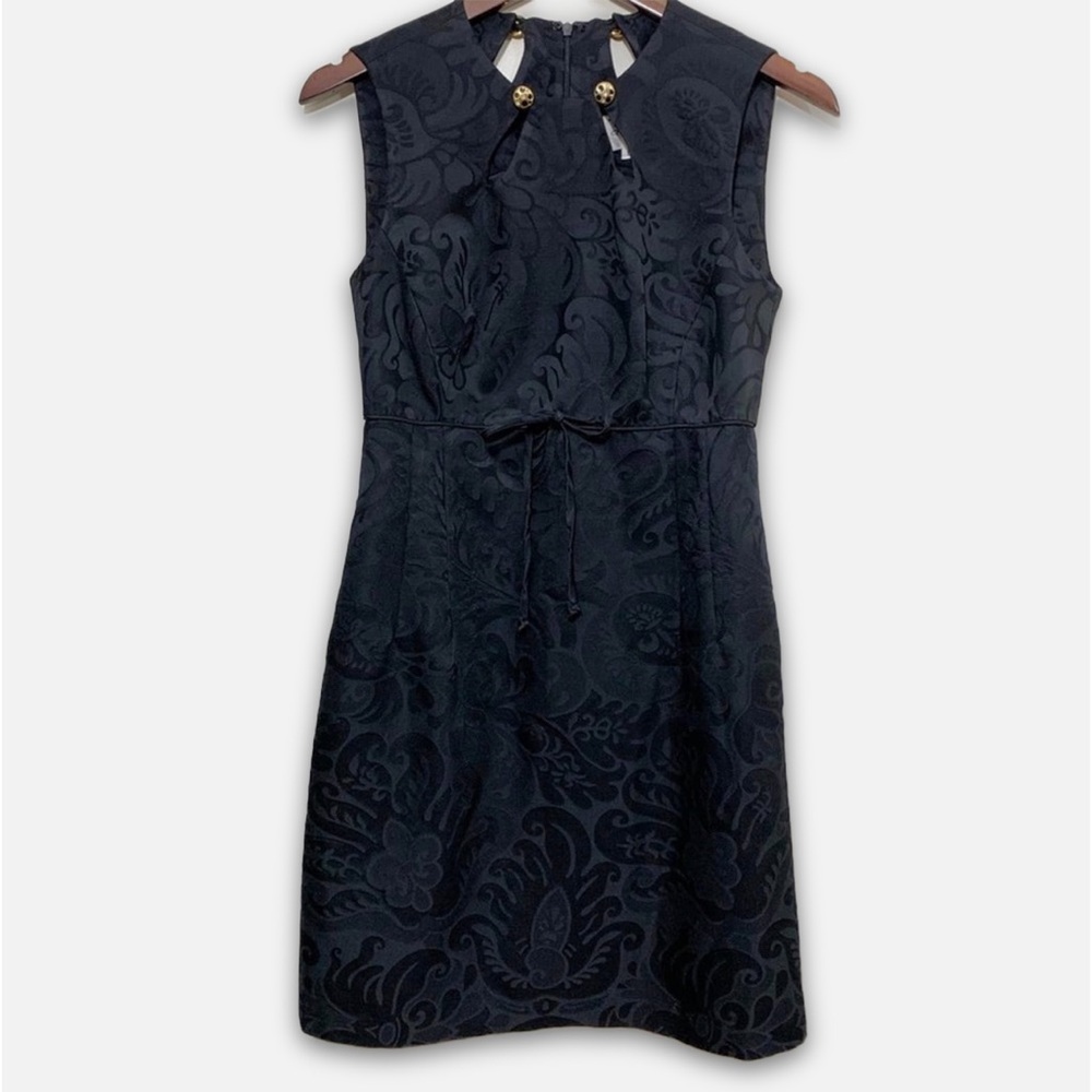Milly of New York Black Paisley Embossed Cocktail Pocket Sheath Wool Dress Sz 6